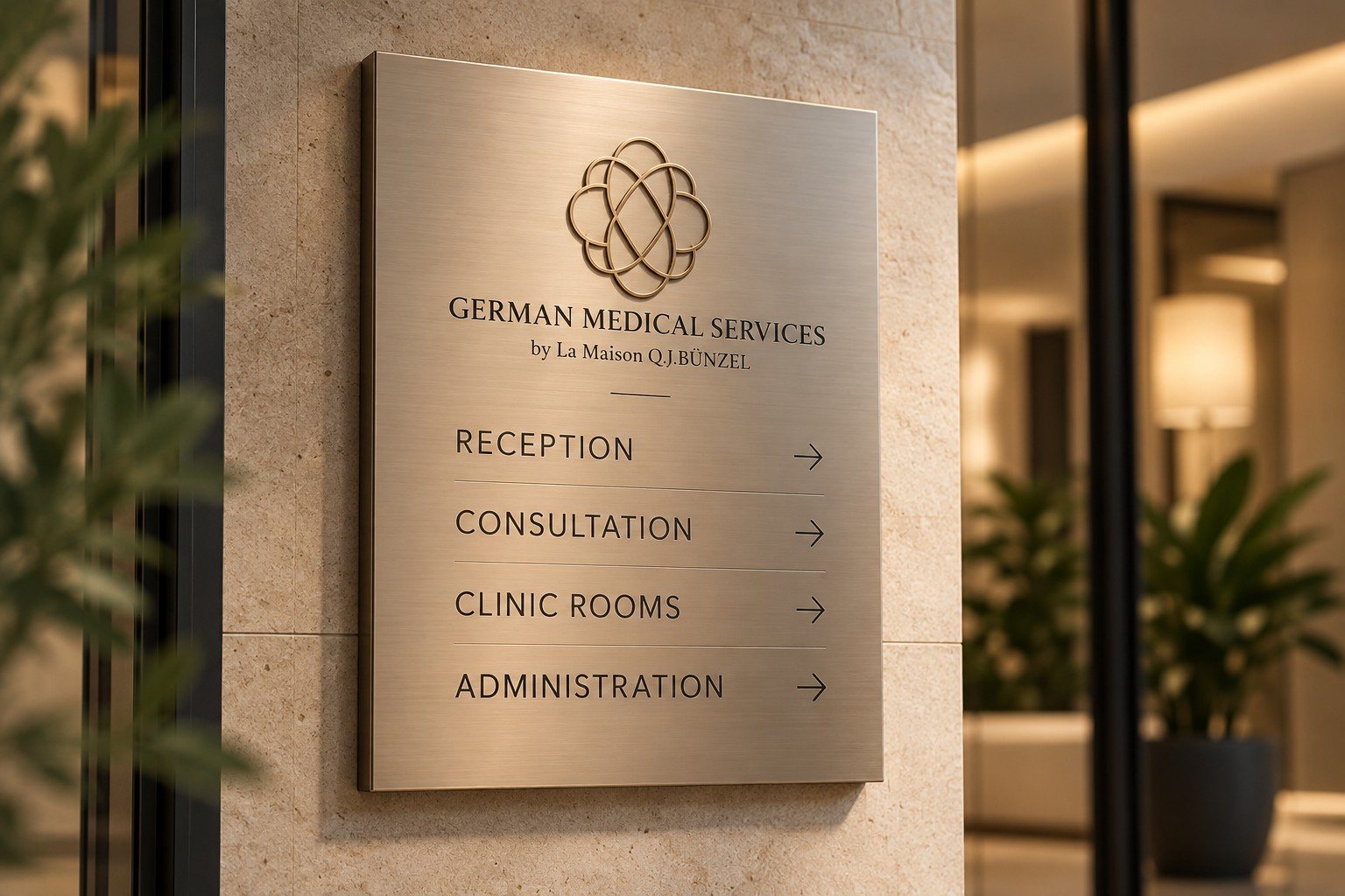 Bronze plaque with wayfinding on limestone