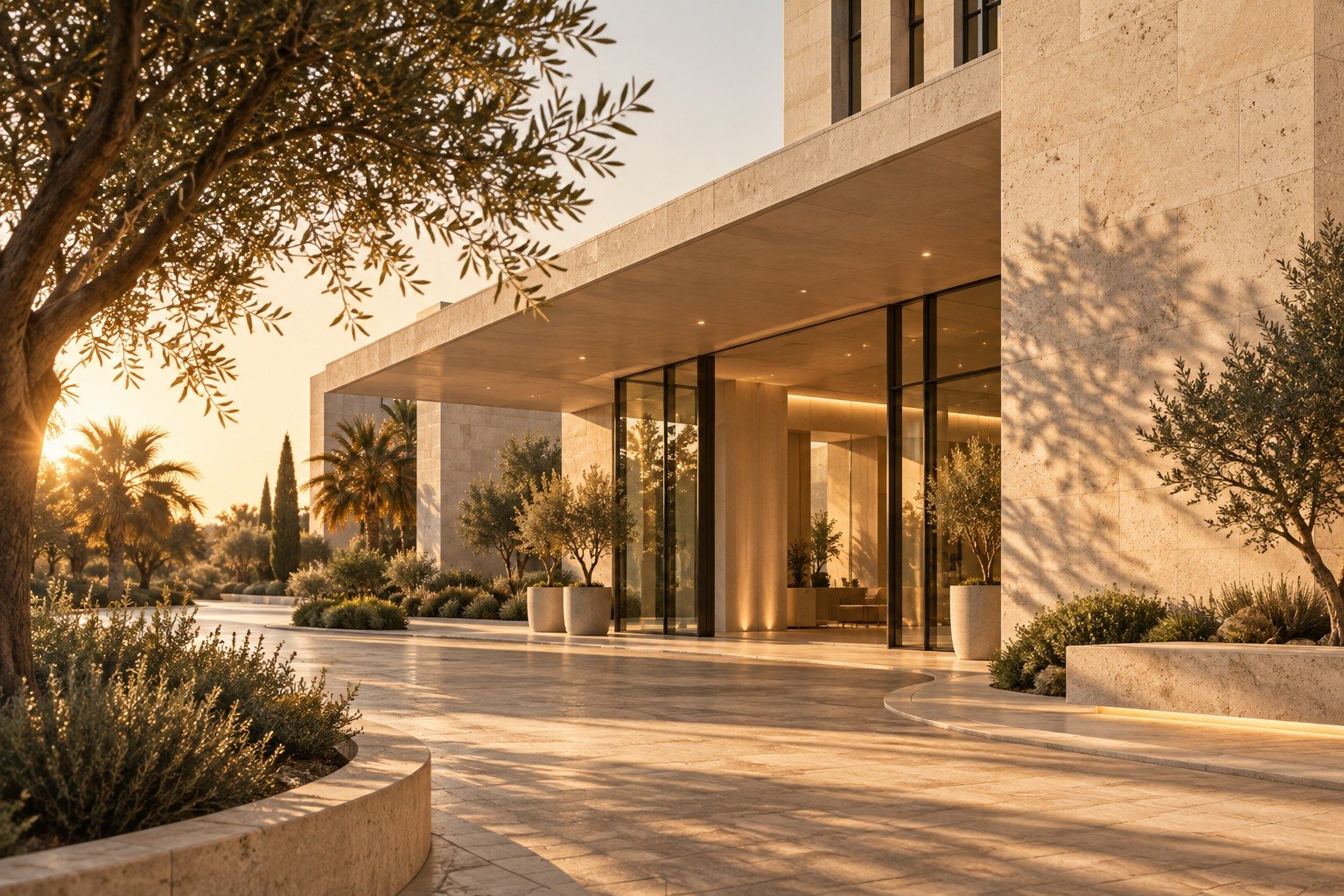 Travertine entrance at sunset with olive trees