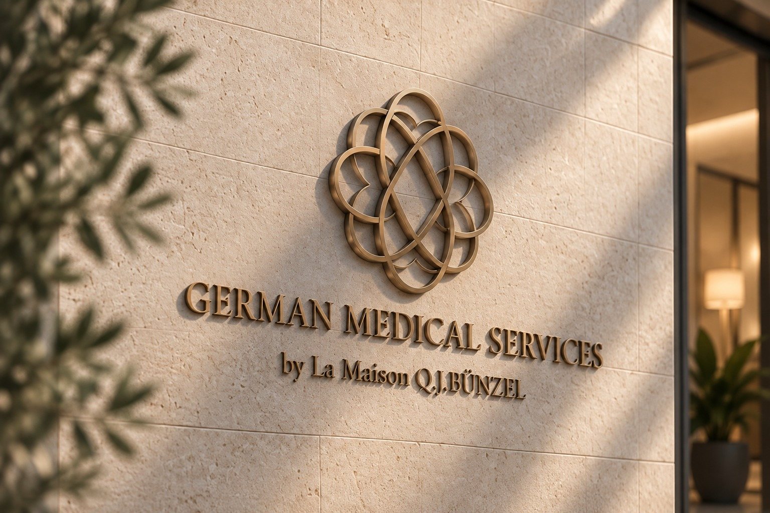 German Medical Services, bronze logo on a limestone wall