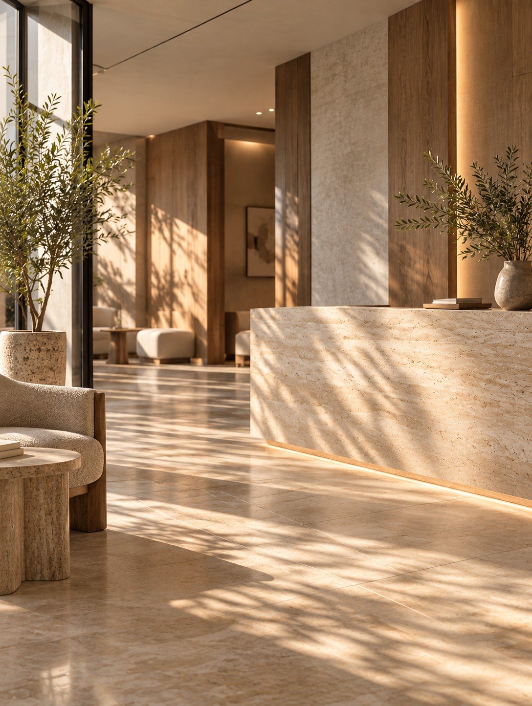 Reception with travertine, wood and olive trees
